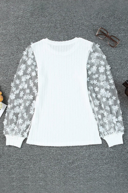 Elegant White Mesh Sleeve Floral Applique Textured Knit Top