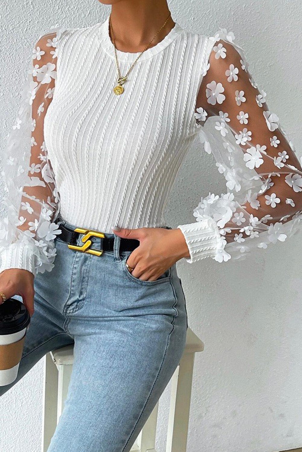 Elegant White Mesh Sleeve Floral Applique Textured Knit Top