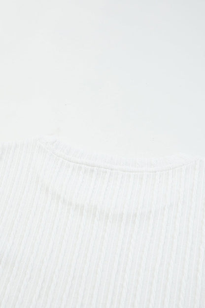 Elegant White Mesh Sleeve Floral Applique Textured Knit Top