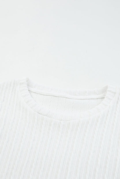 Elegant White Mesh Sleeve Floral Applique Textured Knit Top