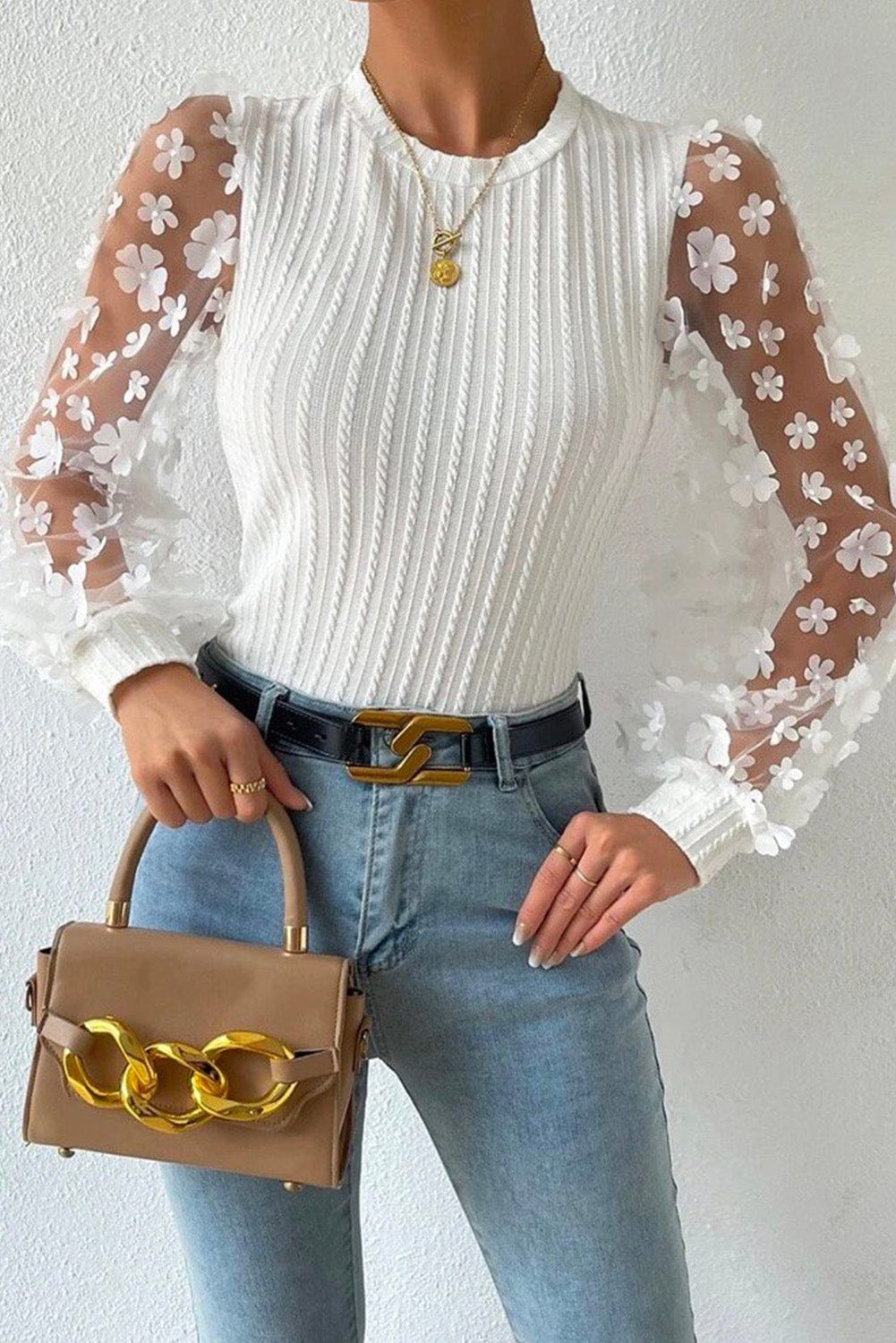 Elegant White Mesh Sleeve Floral Applique Textured Knit Top