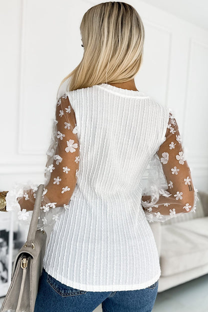 Elegant White Mesh Sleeve Floral Applique Textured Knit Top