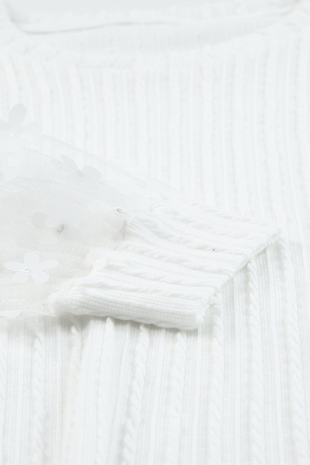 Elegant White Mesh Sleeve Floral Applique Textured Knit Top