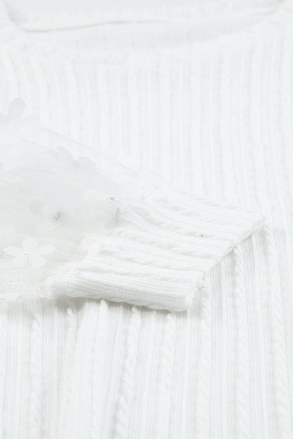 Elegant White Mesh Sleeve Floral Applique Textured Knit Top