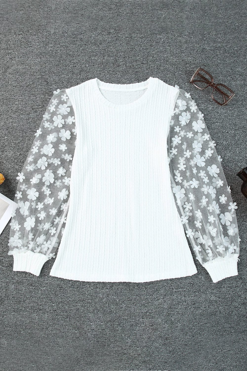 Elegant White Mesh Sleeve Floral Applique Textured Knit Top