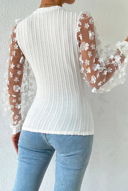 Elegant White Mesh Sleeve Floral Applique Textured Knit Top