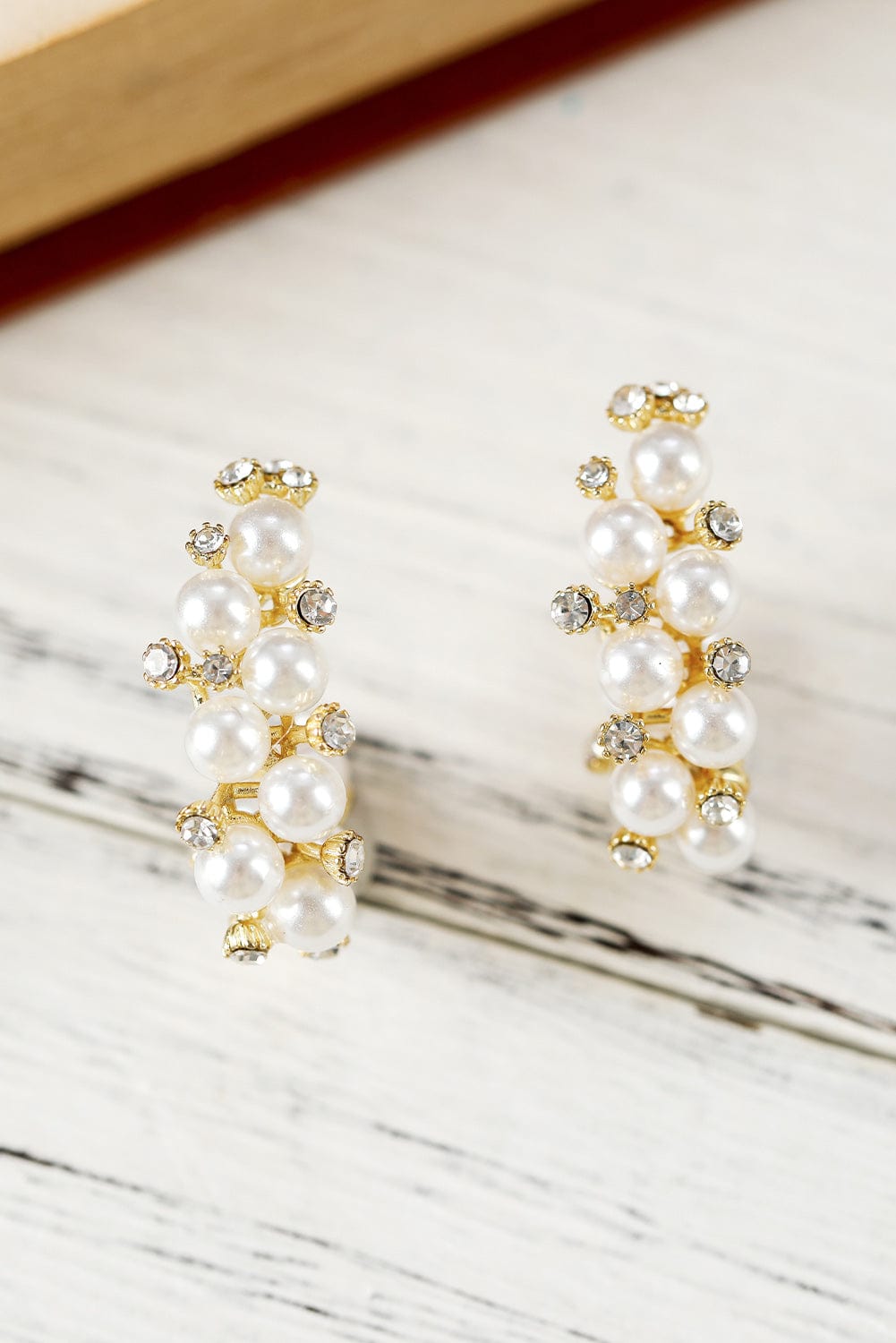 Elegant White Pearl and Rhinestone Hoop Earrings