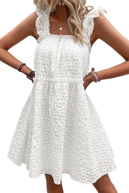 Elegant White Plaid Flowy Mini Dress with Ruffled Straps