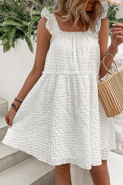 Elegant White Plaid Flowy Mini Dress with Ruffled Straps