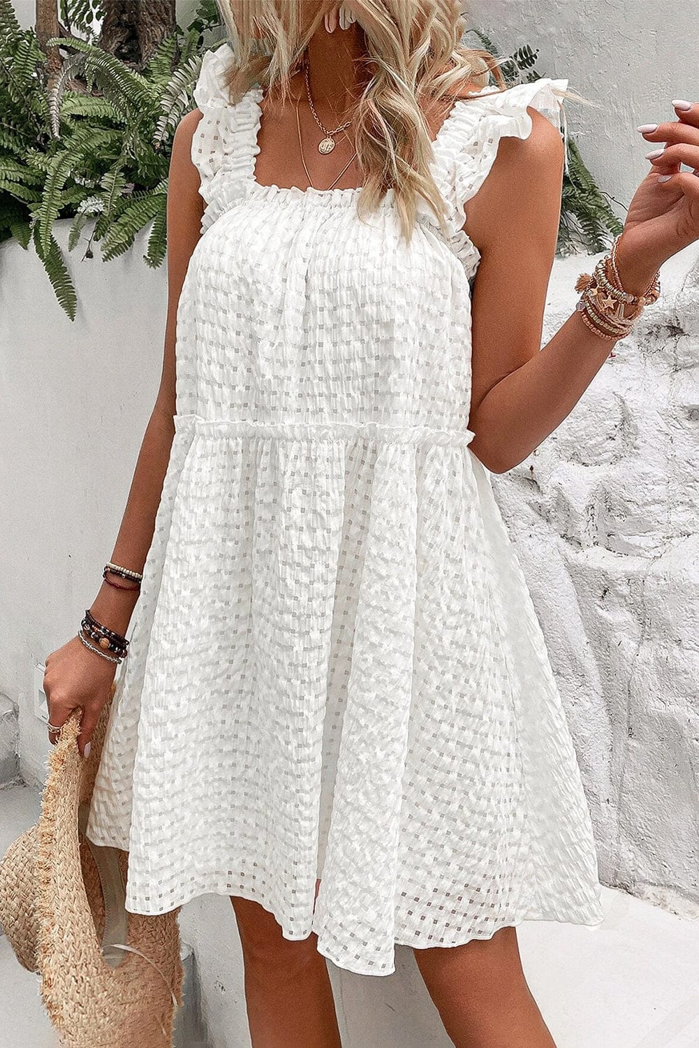 Elegant White Plaid Flowy Mini Dress with Ruffled Straps