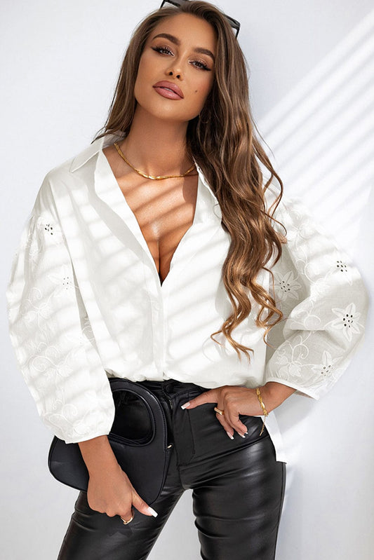 Elegant White Puff Sleeve Cotton Shirt with Embroidery