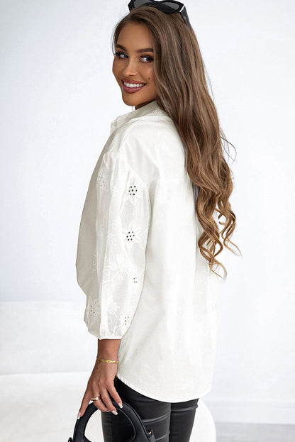 Elegant White Puff Sleeve Cotton Shirt with Embroidery