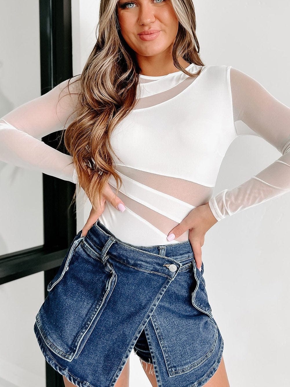 Elegant White Sheer Mesh Splicing Long Sleeve Bodysuit