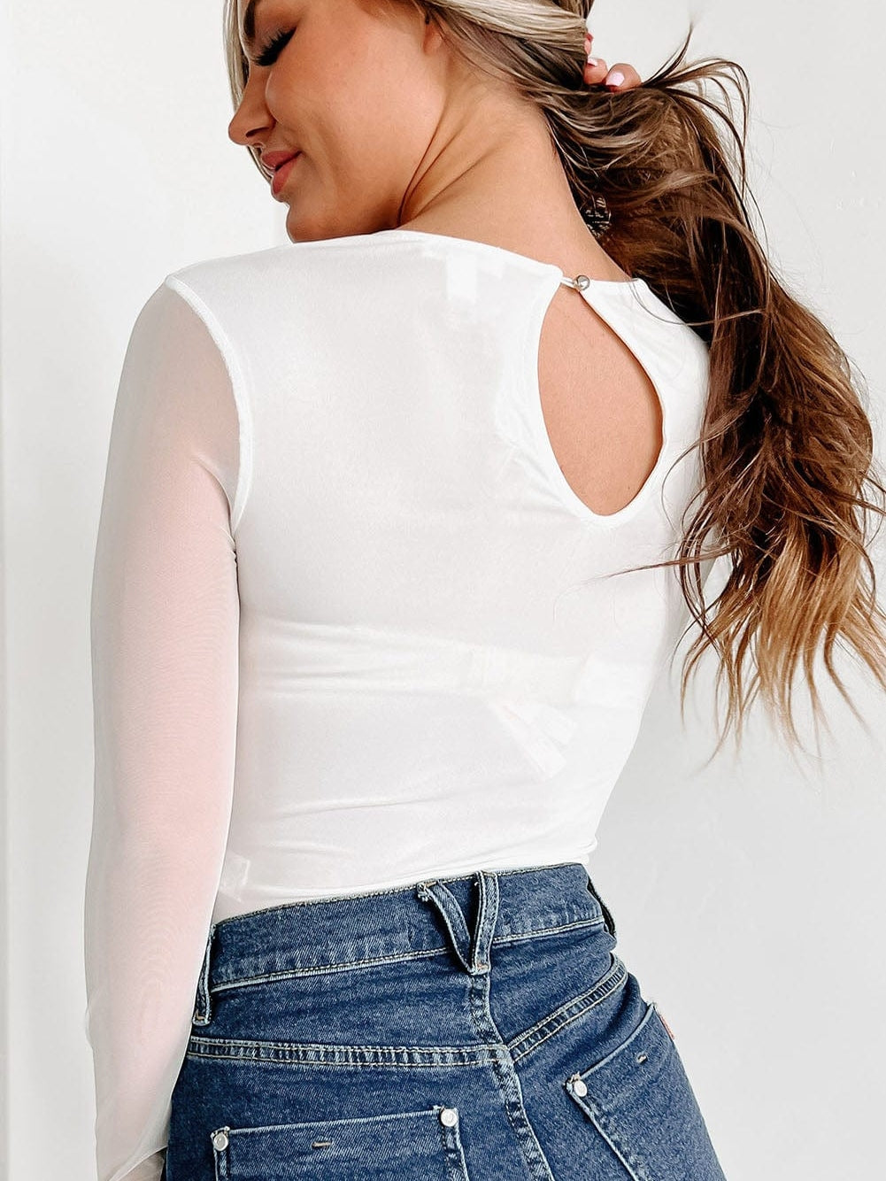 Elegant White Sheer Mesh Splicing Long Sleeve Bodysuit