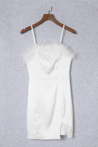 Elegant White Strapless Dress with Fluffy Feather Details