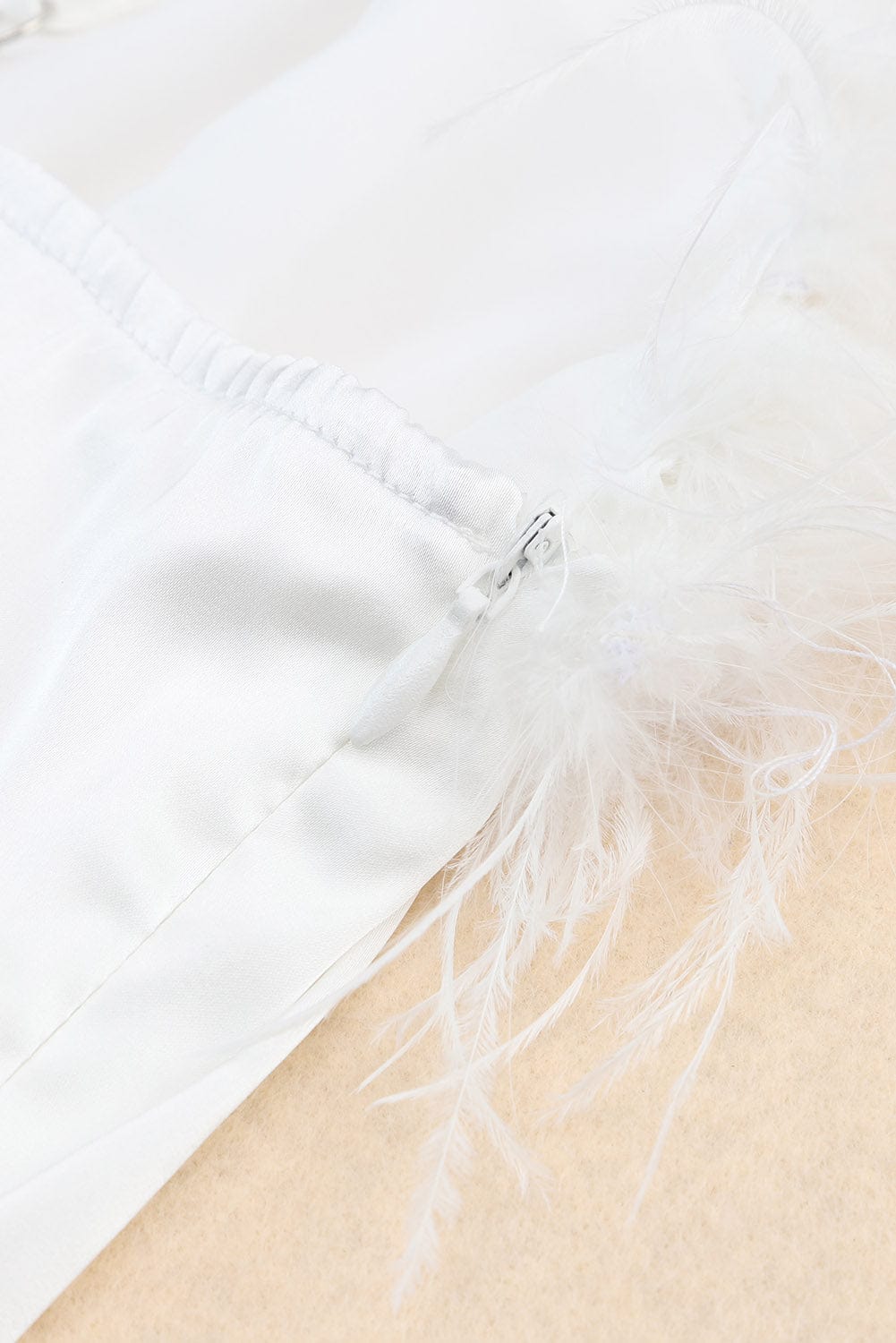 Elegant White Strapless Dress with Fluffy Feather Details