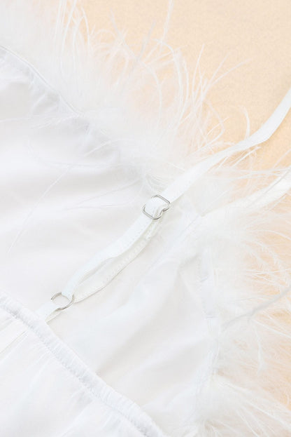 Elegant White Strapless Dress with Fluffy Feather Details