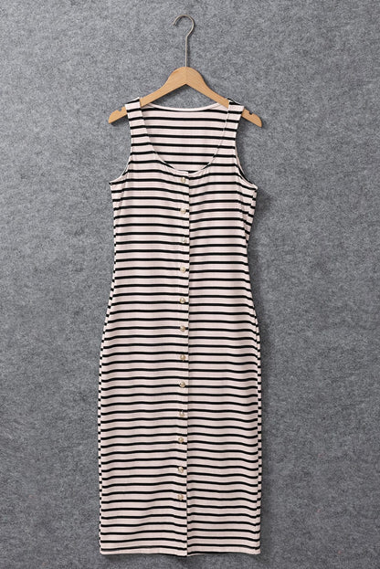 Elegant White Striped Button-Up Maxi Dress