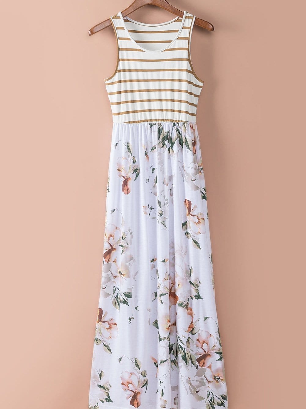 Elegant White Striped Floral Boho Maxi Dress with Pocket