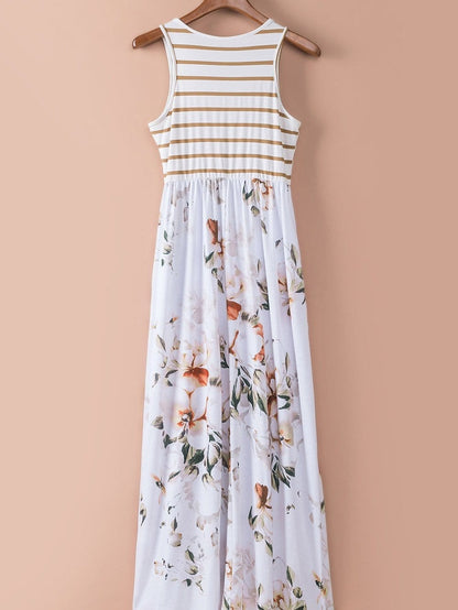 Elegant White Striped Floral Boho Maxi Dress with Pocket