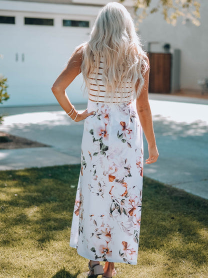 Elegant White Striped Floral Boho Maxi Dress with Pocket