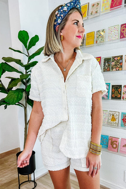 Elegant White Striped Short Sleeve Shirt and Shorts Ensemble