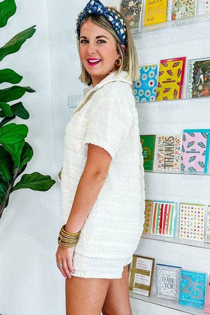 Elegant White Striped Short Sleeve Shirt and Shorts Ensemble