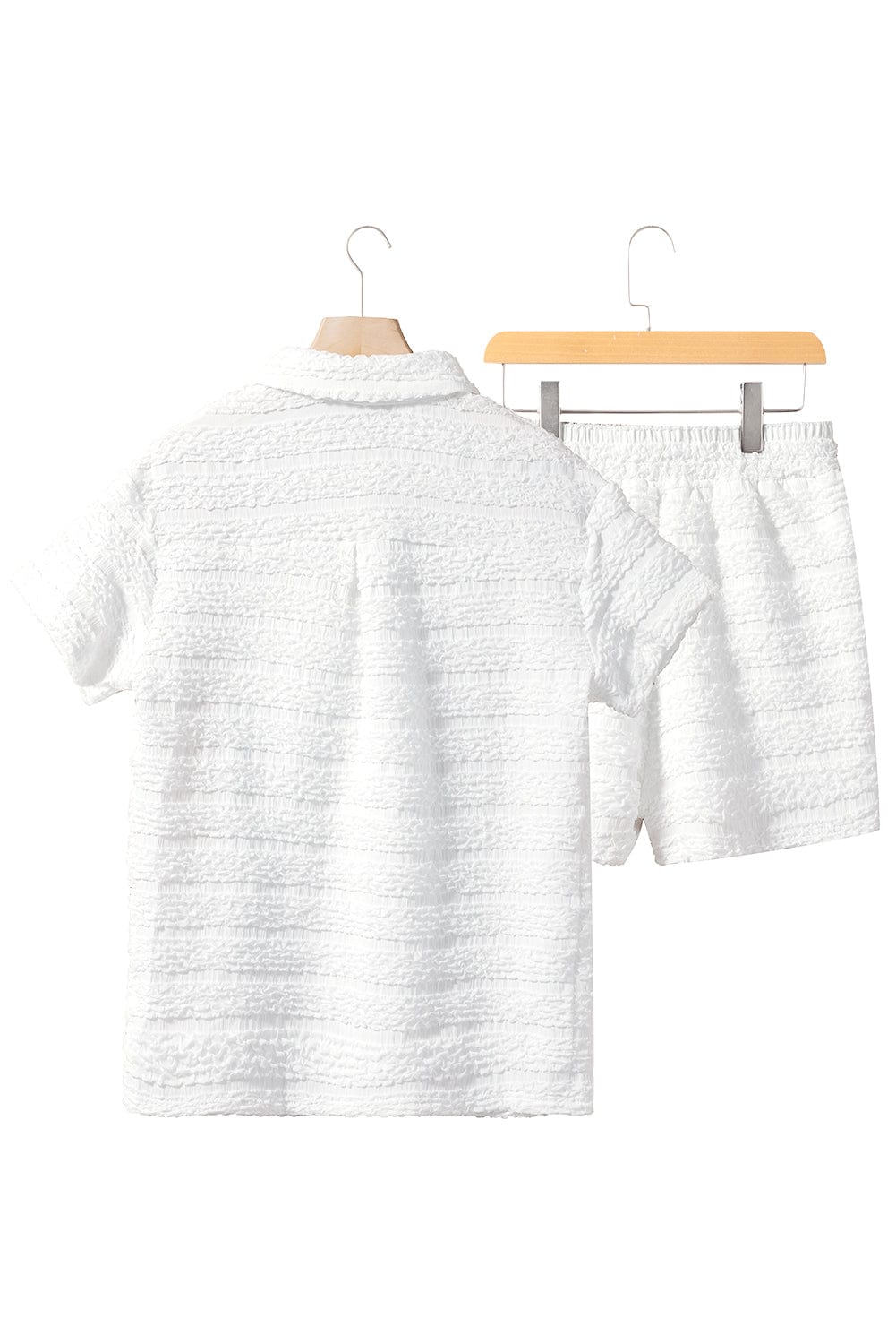 Elegant White Striped Short Sleeve Shirt and Shorts Ensemble