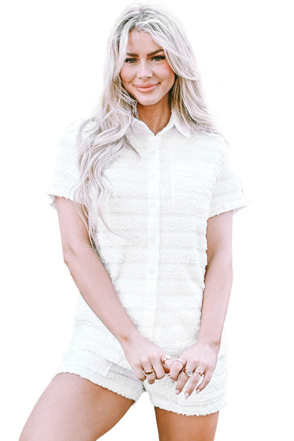 Elegant White Striped Short Sleeve Shirt and Shorts Ensemble