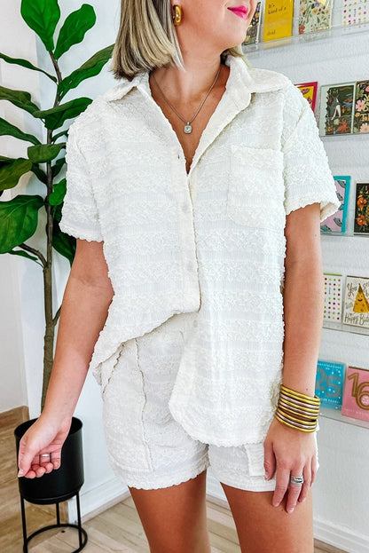 Elegant White Striped Short Sleeve Shirt and Shorts Ensemble