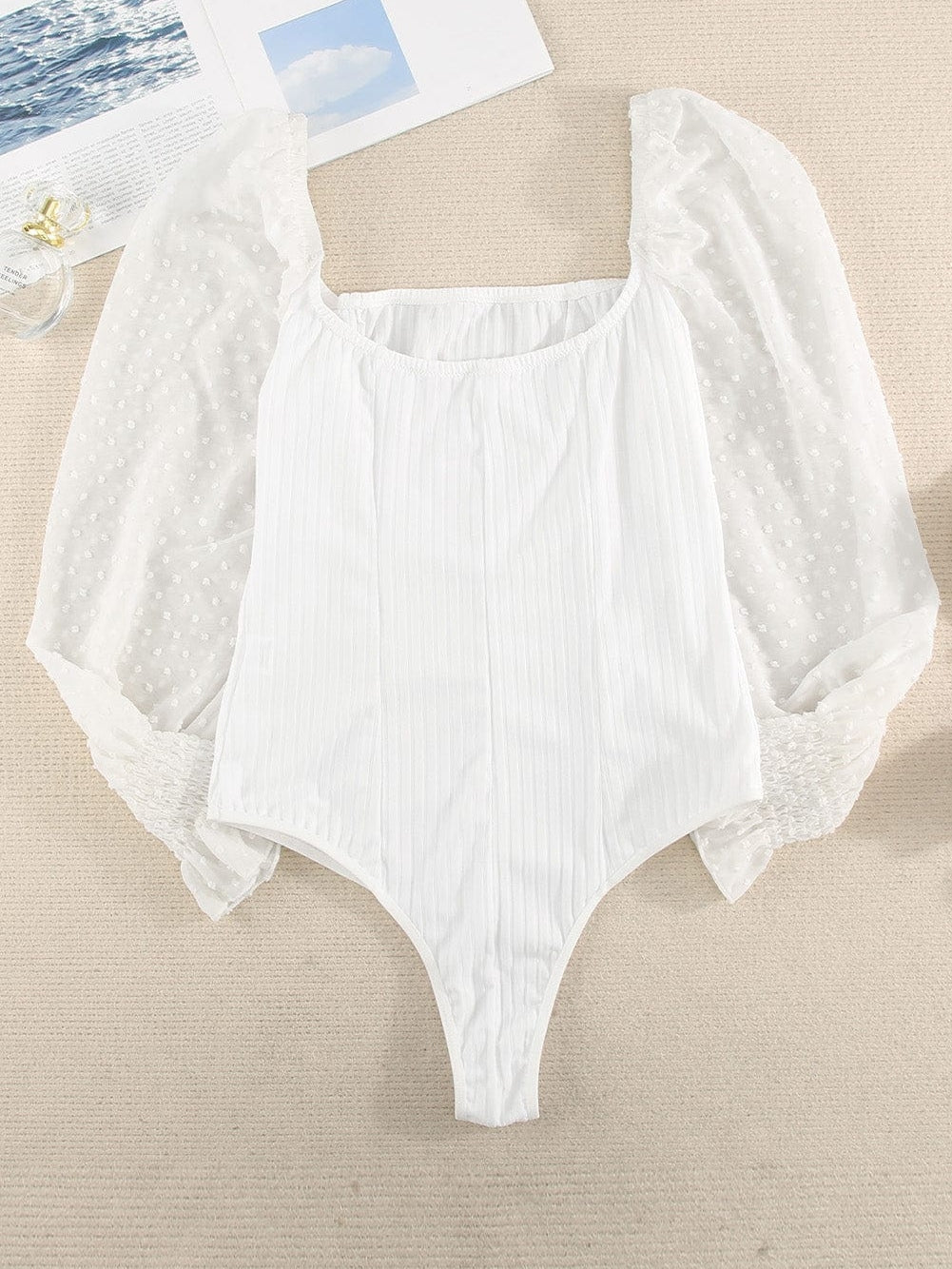 Elegant White Swiss Dot Ribbed Puff Sleeve Bodysuit