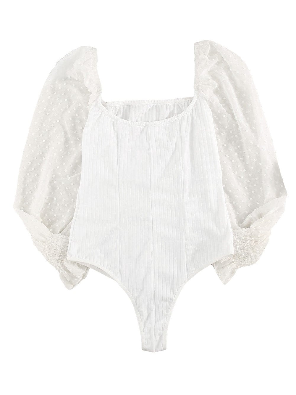 Elegant White Swiss Dot Ribbed Puff Sleeve Bodysuit