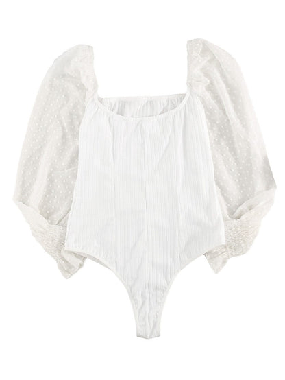 Elegant White Swiss Dot Ribbed Puff Sleeve Bodysuit