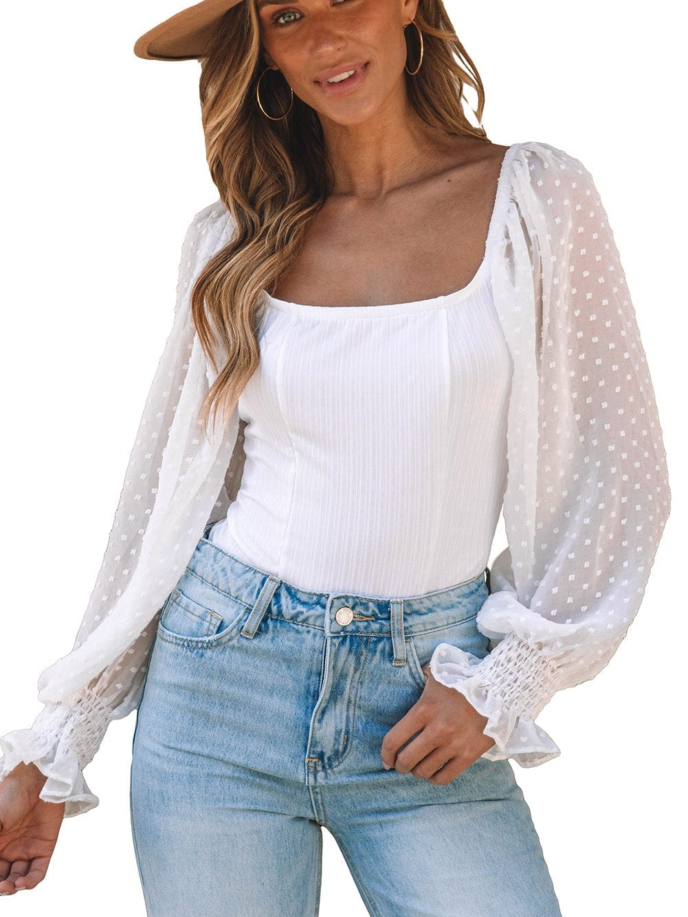 Elegant White Swiss Dot Ribbed Puff Sleeve Bodysuit
