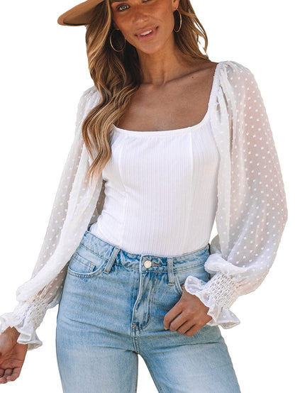 Elegant White Swiss Dot Ribbed Puff Sleeve Bodysuit