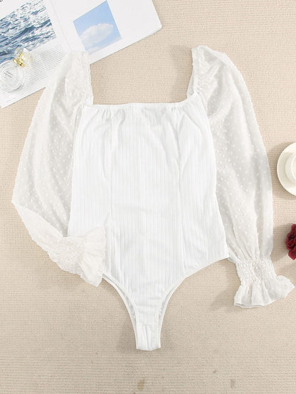 Elegant White Swiss Dot Ribbed Puff Sleeve Bodysuit