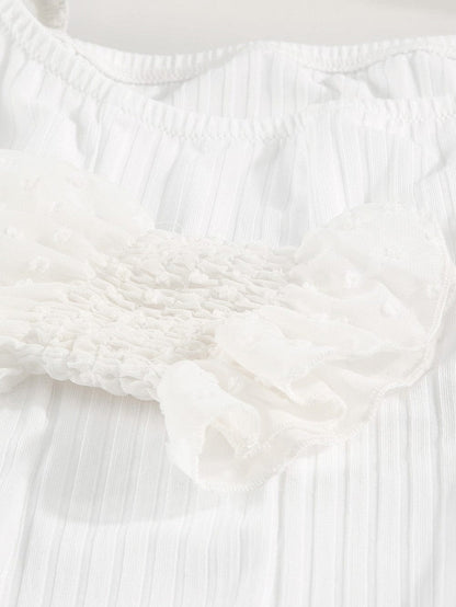 Elegant White Swiss Dot Ribbed Puff Sleeve Bodysuit