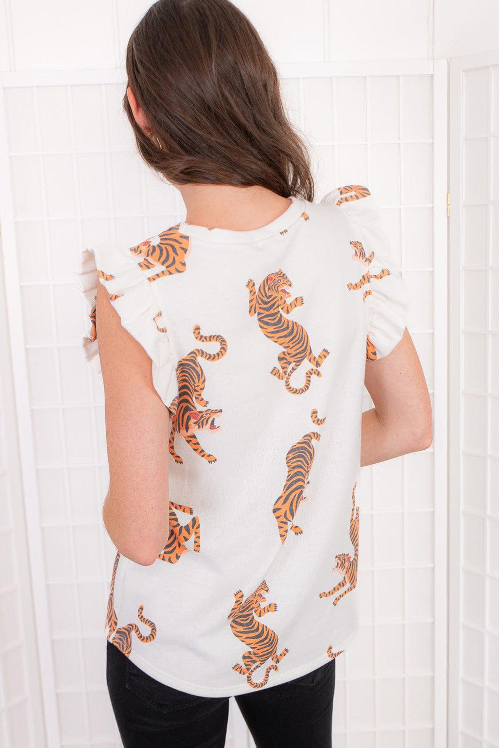 Elegant White Tiger Print Short Sleeve Blouse with Flutter Sleeves
