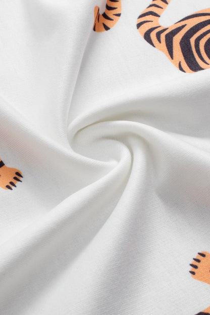 Elegant White Tiger Print Short Sleeve Blouse with Flutter Sleeves