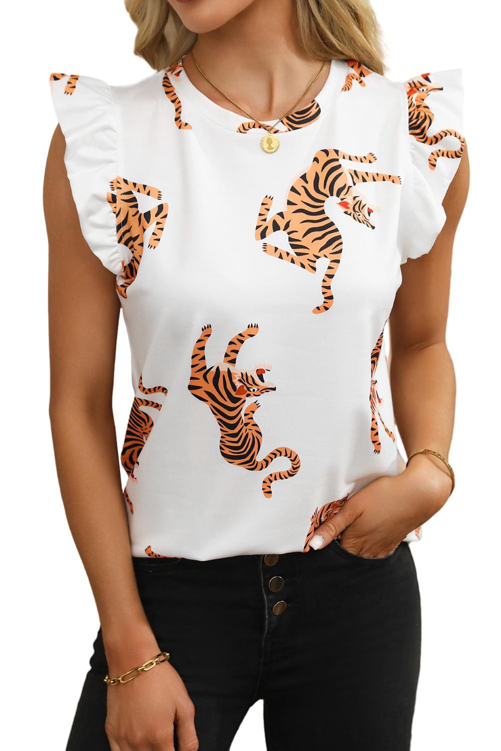 Elegant White Tiger Print Short Sleeve Blouse with Flutter Sleeves