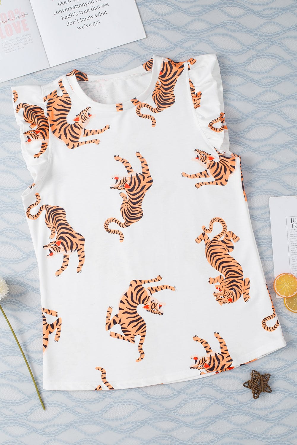 Elegant White Tiger Print Short Sleeve Blouse with Flutter Sleeves