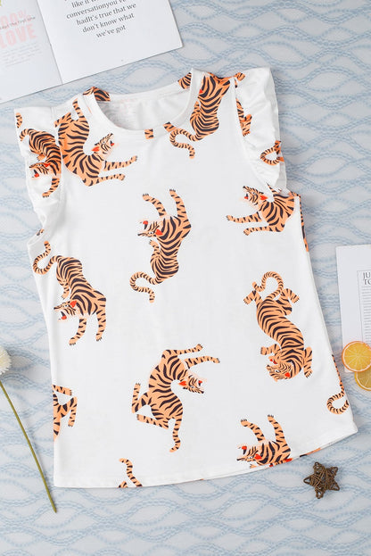Elegant White Tiger Print Short Sleeve Blouse with Flutter Sleeves