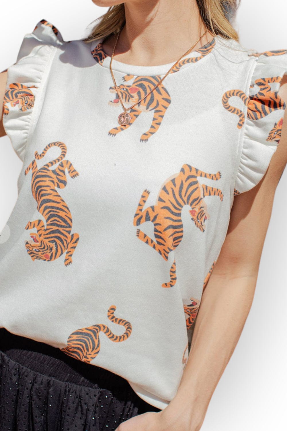 Elegant White Tiger Print Short Sleeve Blouse with Flutter Sleeves