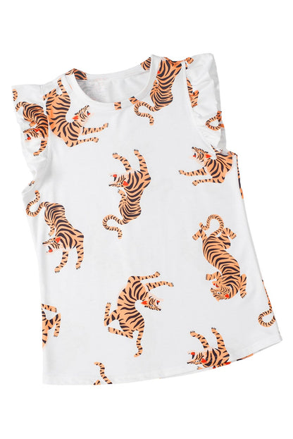 Elegant White Tiger Print Short Sleeve Blouse with Flutter Sleeves