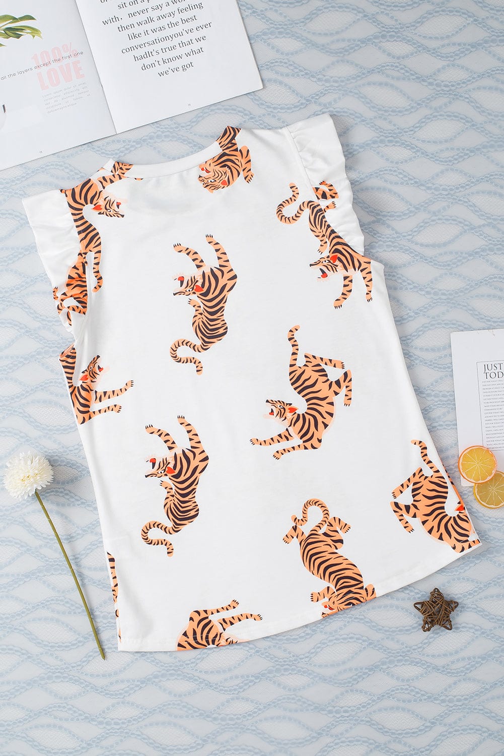 Elegant White Tiger Print Short Sleeve Blouse with Flutter Sleeves