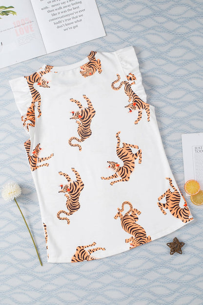 Elegant White Tiger Print Short Sleeve Blouse with Flutter Sleeves
