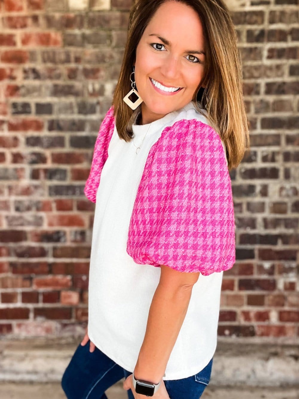 Elegant White Tweed Top with Puff Sleeves