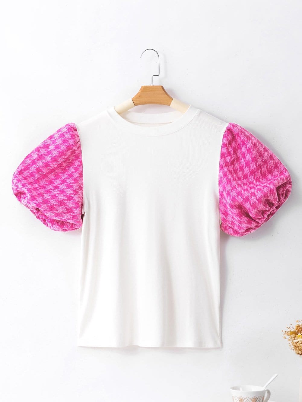 Elegant White Tweed Top with Puff Sleeves