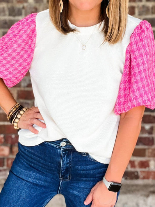 Elegant White Tweed Top with Puff Sleeves