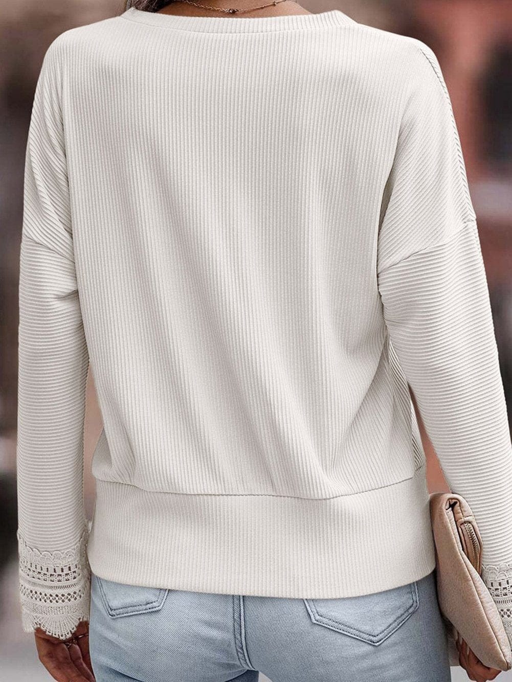 Elegant White V Neck Lace Detail Ribbed Top with Long Sleeves